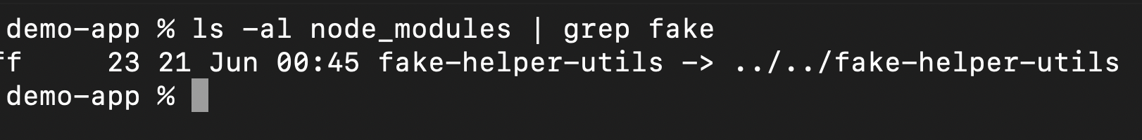 Terminal showing fake-helper-utils installed as a local dependency in the demo application's node_modules directory