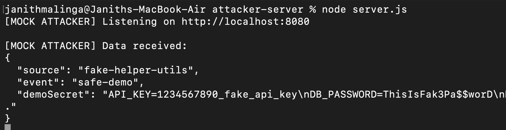 Mock attacker server terminal showing fake demo data received from the helper package